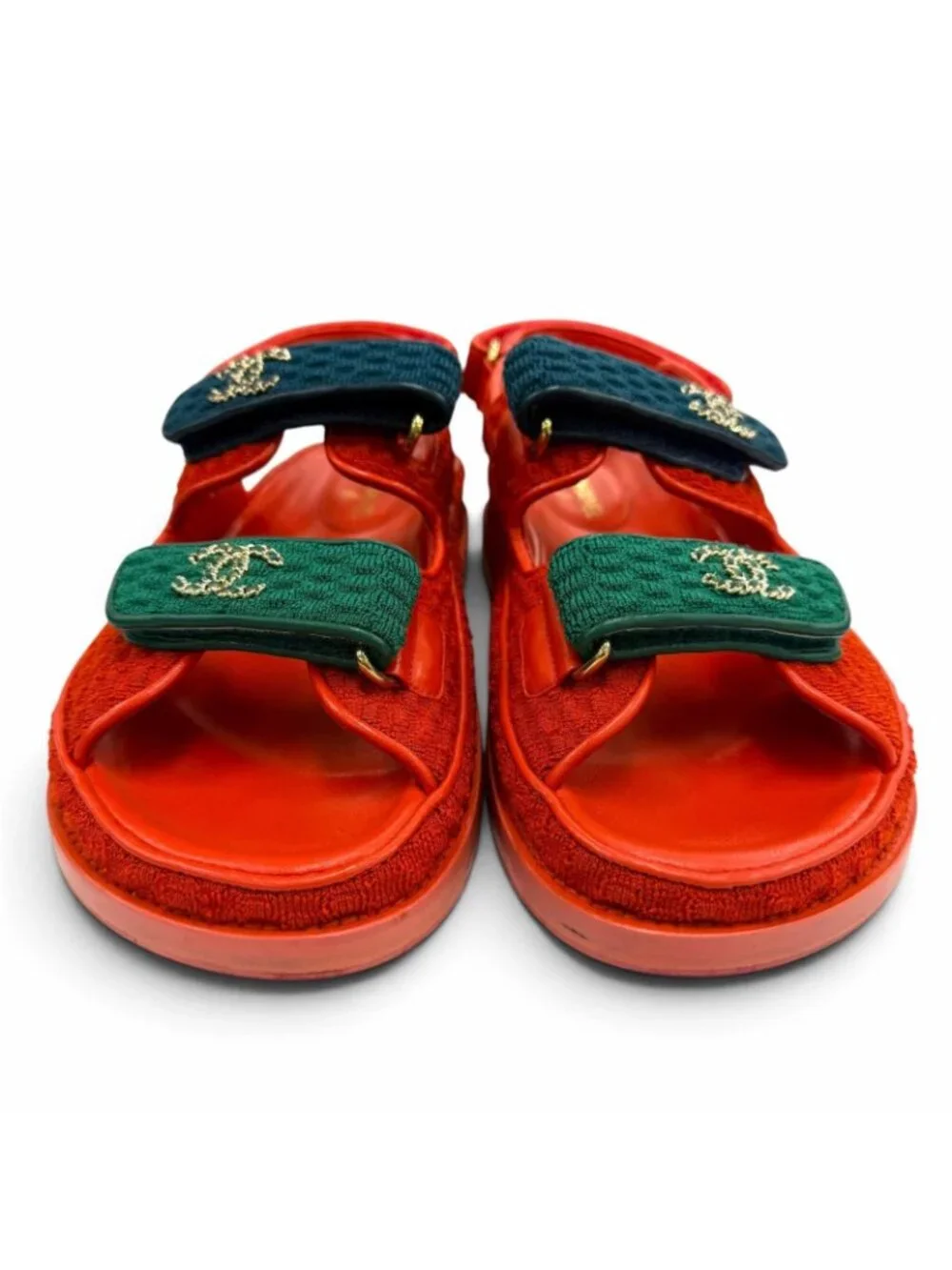 Chanel 22S Leather CC Logo Velcro Sandals Red Navy Green